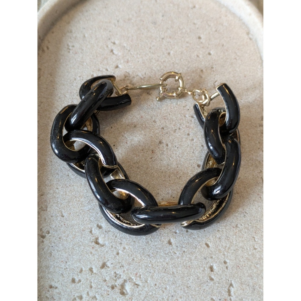 J. Crew Chunky Curb Link Bracelet In Glossy Black & Gold Tone Statement Piece